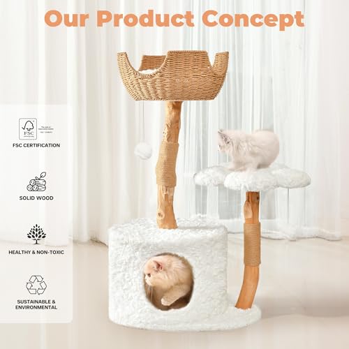 Modern Cat Tree, Wood Cat Tree Tower for Large Cats, Luxury Cat Condo with Scratching Posts and Flower Platforms, Cat Furniture by Easyego