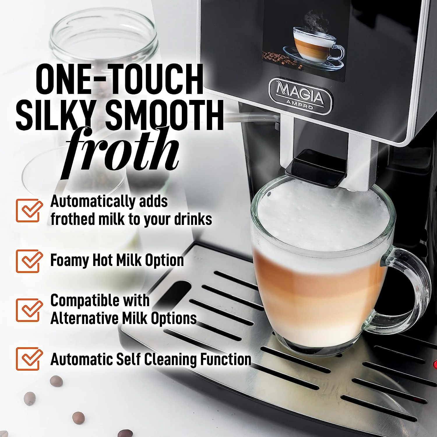 AMPRO Automatic Espresso Machine with Grinder, Super Automatic Coffee Machine and Milk Frother - Black Silver