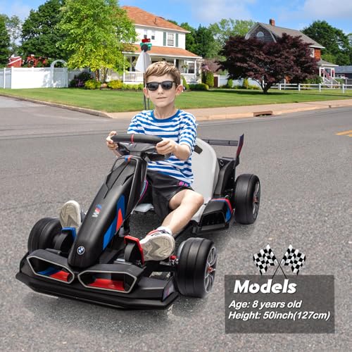 36V Licensed BMW Electric Go Kart, 7.5 MPH Drift Kart with 600W Motor, Outdoor Driftable Kids Race Pedal Go Karting Car w/Adjustable Seat, Lights
