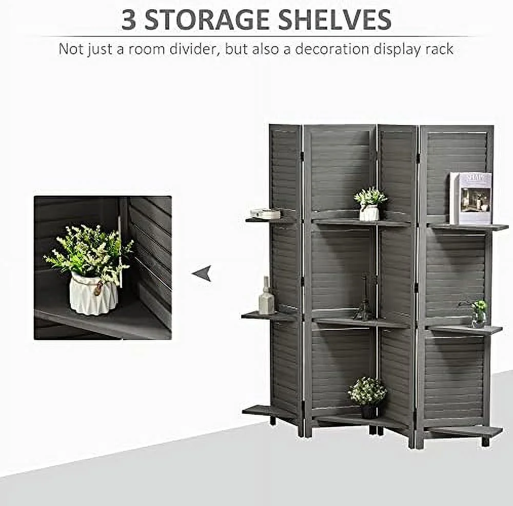 RUNFAYBIU 4 Panel 67" Tall Wood Privacy Screen Room Divider with 3 Display Shelves  and Folding  for Bedroom or Home Office  Grey