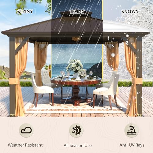 YOLENY 10' x 12' Hardtop Gazebo, Metal Gazebo with Aluminum Frame, Double Galvanized Steel Roof, Curtains and Netting Included