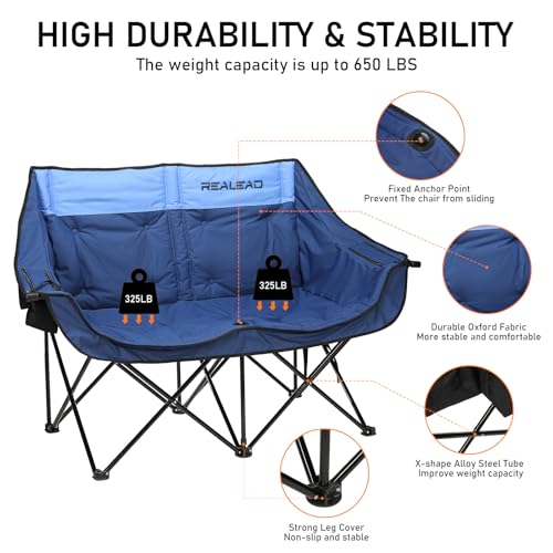 REALEAD Heated Double Camping Chair, 3 Heat Levels and 4 Heating Zones, Portable Heated Loveseat Chair for Outdoor Sports Support 650lbs