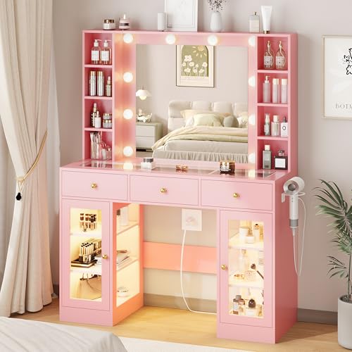 White Vanity Desk with Mirror and Lights, Glass Top Vanity with Lighted Mirror & RGB Glass Cabinet and 3 Drawers