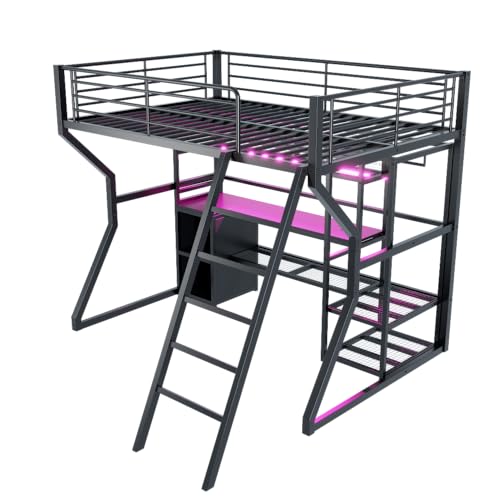 Loft Bed with Desk Queen Size, Gaming Loft Bed with LED Light for Adults, Heavy-duty Loft Beds Frame with Stairs & Wardrobe & Storage Shelves