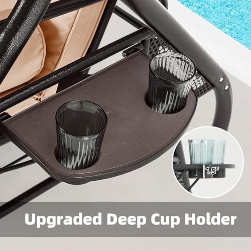 HOMREST 3 Seat Outdoor Porch Swing with Adjustable Canopy, Convertible Patio Swing Bed with Stand, Patio Glider Swing with Upgraded Cup Holder