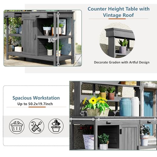 Merax 66" Large Outdoor Farmhouse Wooden Potting Bench Table, Garden Workstation with 2 Drawers, Cabinet, and Open Shelves for Backyard, Mudroom