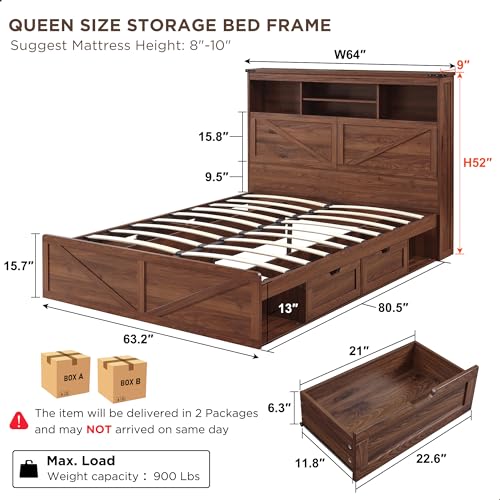 Queen Size Wood Bed Frame Farmhouse with 52" Tall Storage Bookcase Headboard, LED Light,Charging Station,4 Drawers and Solid Wood Slats Support