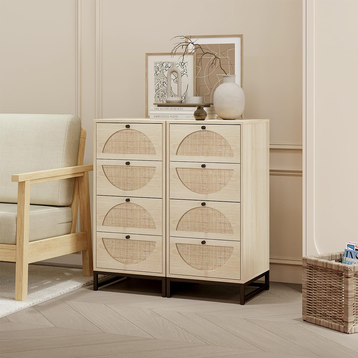 8 Drawers Dresser Storage Tower for Bedroom, Natural Rattan Dresser Modern Closet Dressers Chest of Drawers W/ Steel Legs
