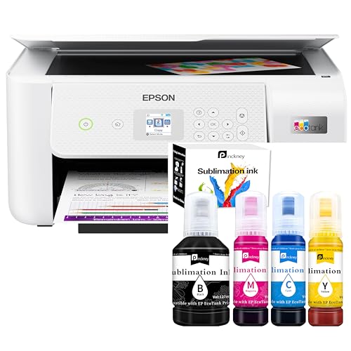 Pinckney Cartridge-Free Super-Tank Printer with Sublimation Ink Bundle for Heat Transfers, Easy Fill, Built-in Scanner & Copier (White)