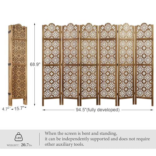 68.9Inch Folding Room Divider, 4 Panels Wood Carved Privacy Screens - Ideal Decorative Partition for Home, Office, Restaurant, Bedroom (Dark Brown)