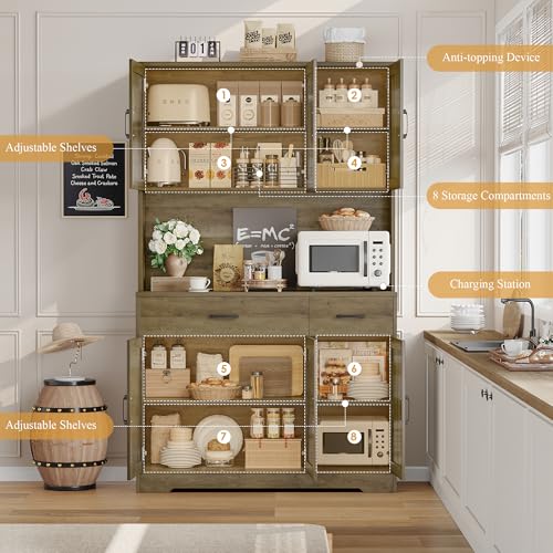HOSTACK 71" Pantry Cabinet with Charging Station, Tall Kitchen Pantry Storage Cabinet with Microwave Stand