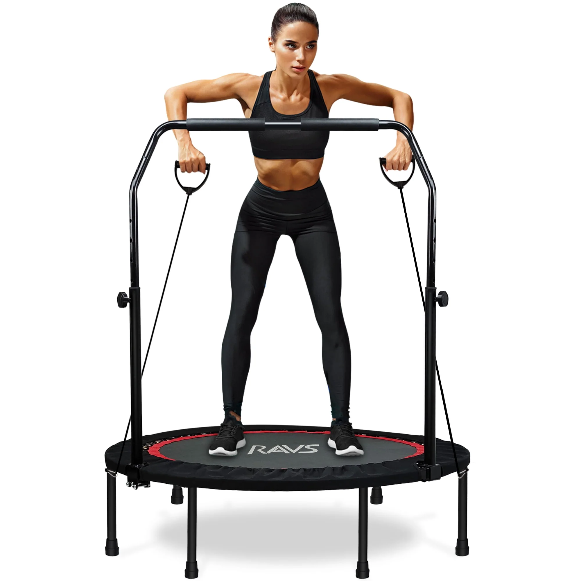 RAVS 40'' inch Black Foldable Mini Trampoline Rebounder for Kids and Adults with Height Adjustable Handle