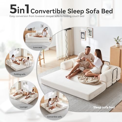 Convertible Sleeper Sofa Bed with Cylindrical Pillow, Comfy Foldable Sofa Bed Compressed Sofa in Box