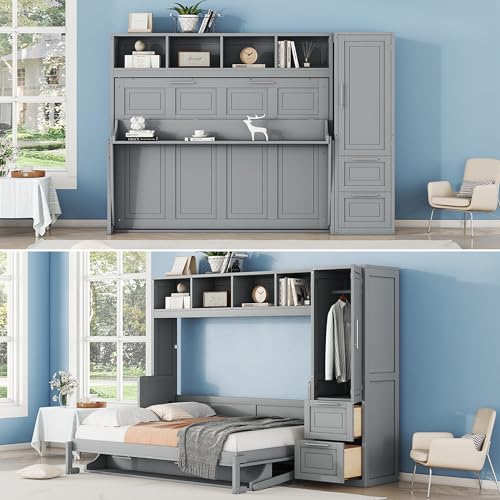 Harper & Bright Designs Queen Size Murphy Bed Wall Bed with Closet and Storage Drawers