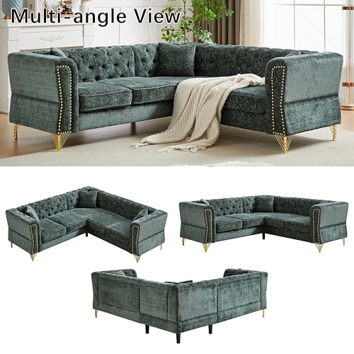 81.5”Chesterfield Sectional Sofa, Chenille Corner Sofa, L-Shaped Sectional Couch, 5-Seater Corner Sofas with 3 Cushions for Living Room, Bedroom