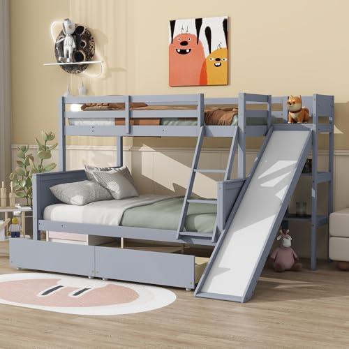 Bunk Beds Twin Over Full Size, Pine Solid Wooden Bunk Bed with Slide, Storage Staircase, Safety Guardrails for Kids, White
