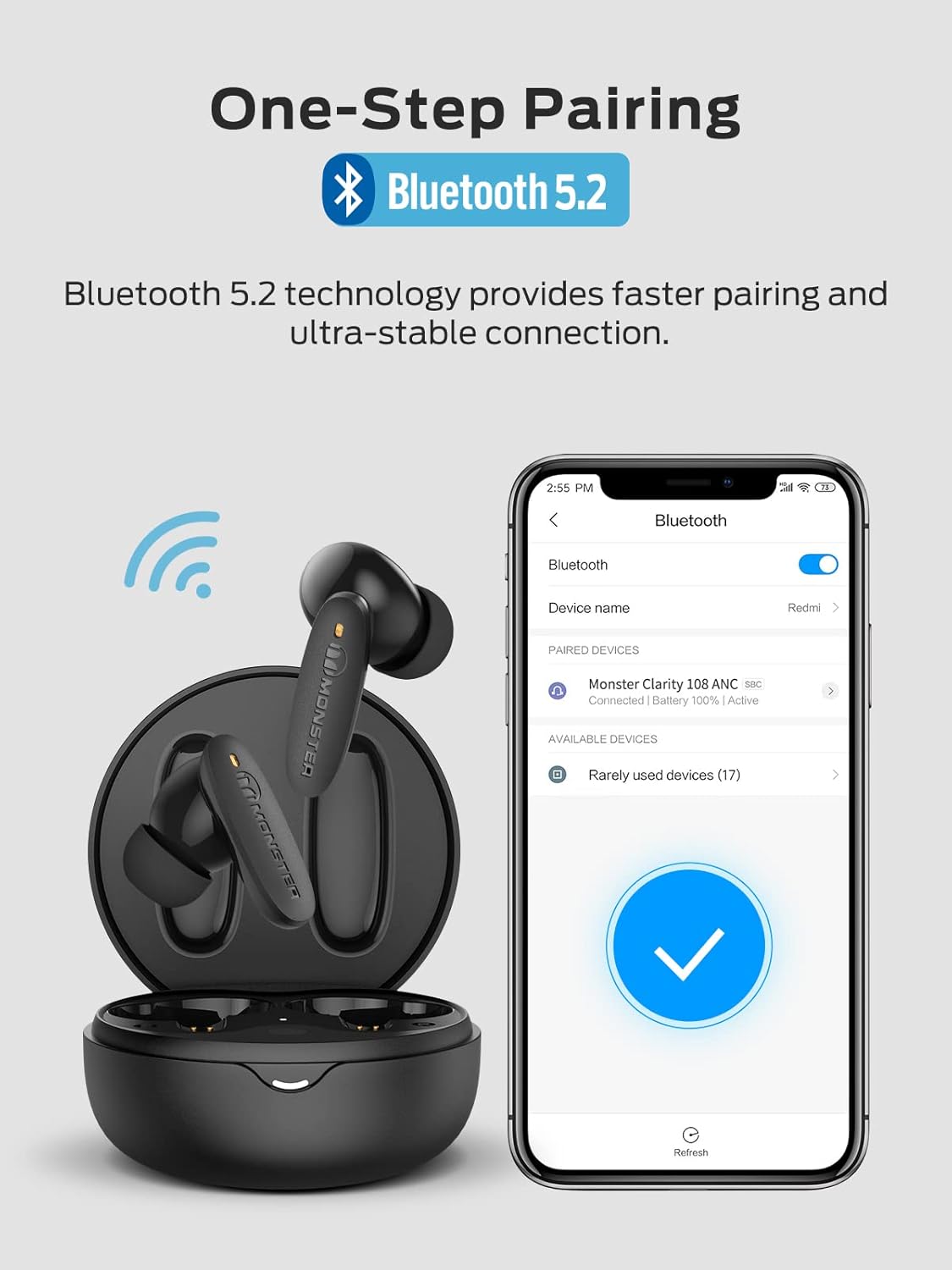 Monster Clarity 108 ANC Wireless Earbuds with 4 Microphones, Bluetooth 5.2, Multi Mode Noise Cancelling, Clear Sound, 30H Playtime
