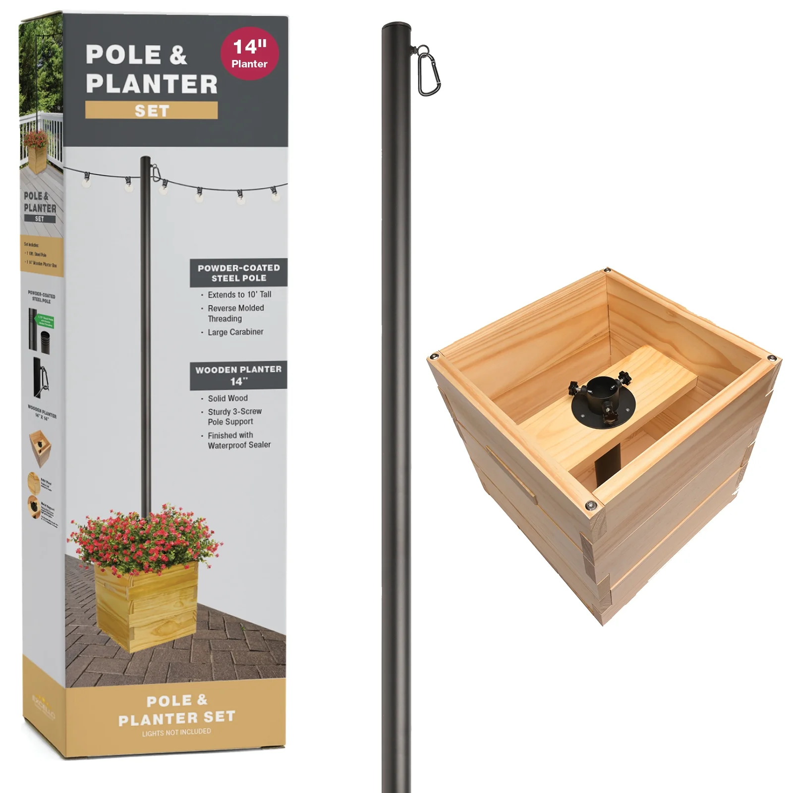 Excello Global Products Wooden Planter Box Set with 10' String Light Pole - 14"x14", Ready to Assemble.
