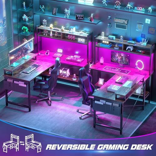Aheaplus L Shaped Gaming Desk with Power Outlets & LED Lights, Small L- Shaped Desk Computer Corner Desk with Monitor Stand & Storage Shelf