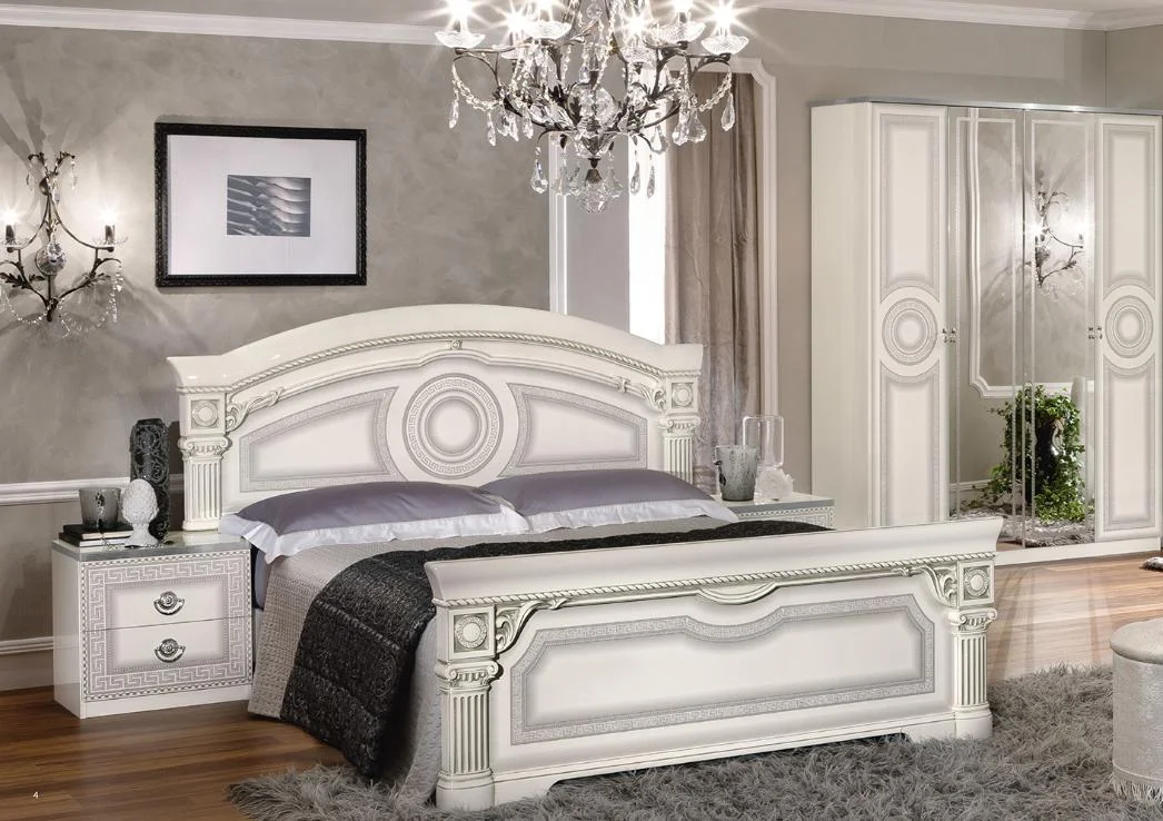 Glossy White Silver Finish Queen Bedroom Set 3Pcs Made in Italy ESF Aida
