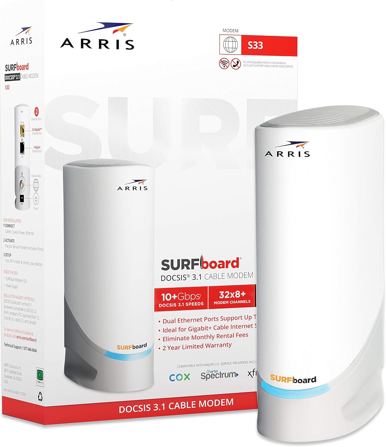 ARRIS Surfboard S33 DOCSIS 3.1 Multi-Gigabit Cable Modem with 2.5 Gbps Ethernet Port, Approved for Cox, Xfinity, Spectrum & Others