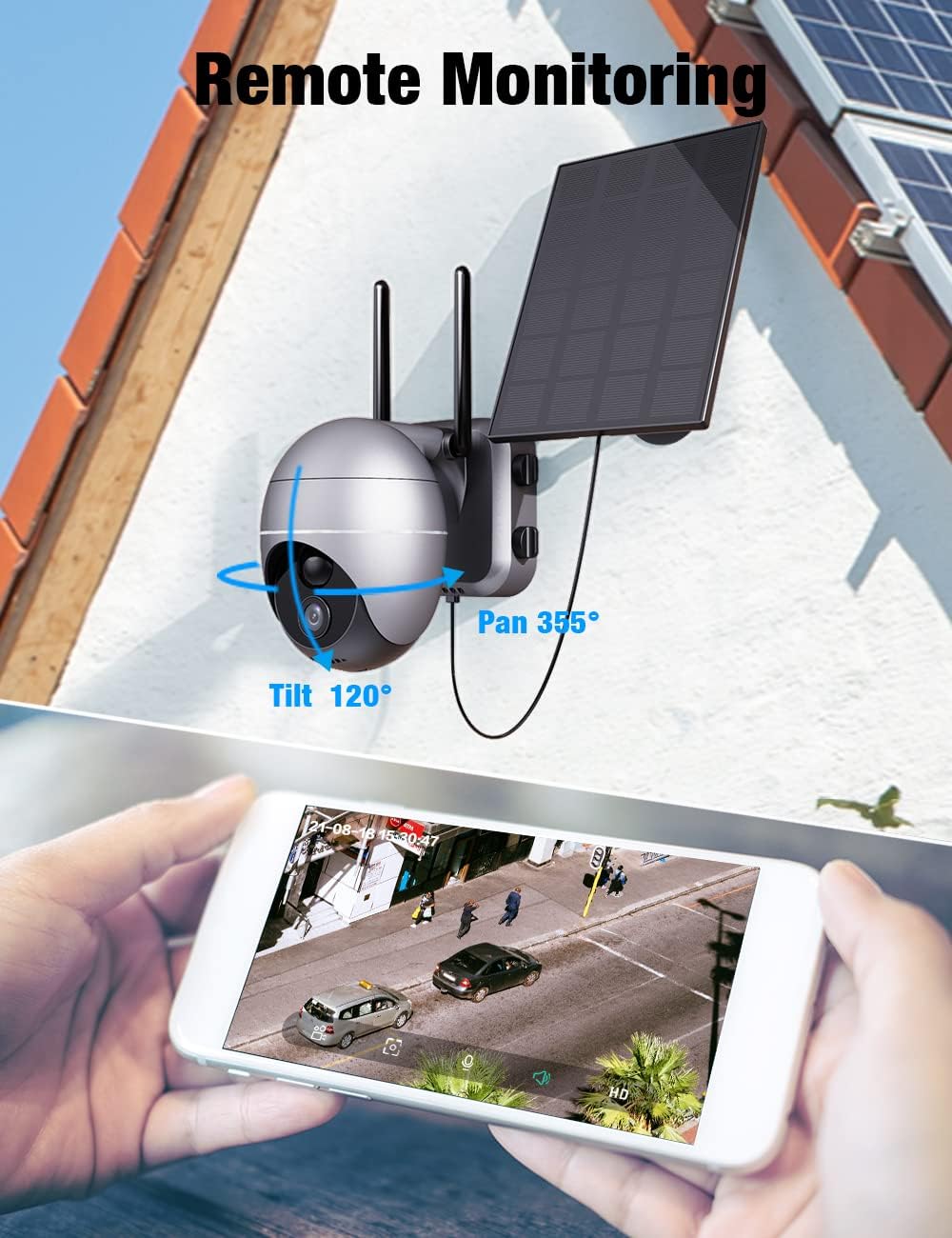 Wireless Security Camera Outdoor, Solar Powered WiFi Cam with 15000mAh Rechargeable Battery, PIR Motion Detection, 355° Rotation, IP65 Waterproof