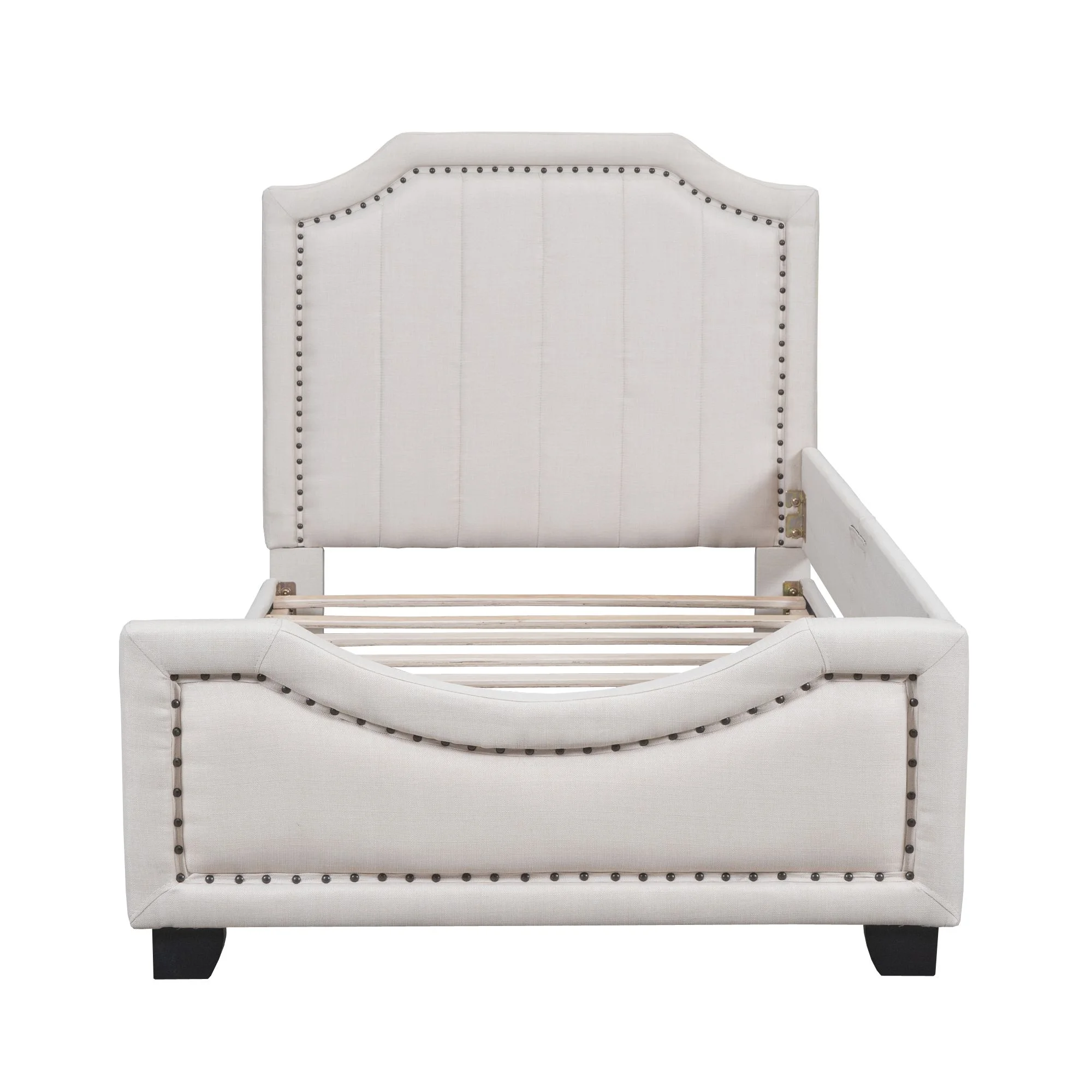 Twin Storage Upholstered Platform Bed Mattress Foundation with Nailhead Trim Decoration and Guardrail