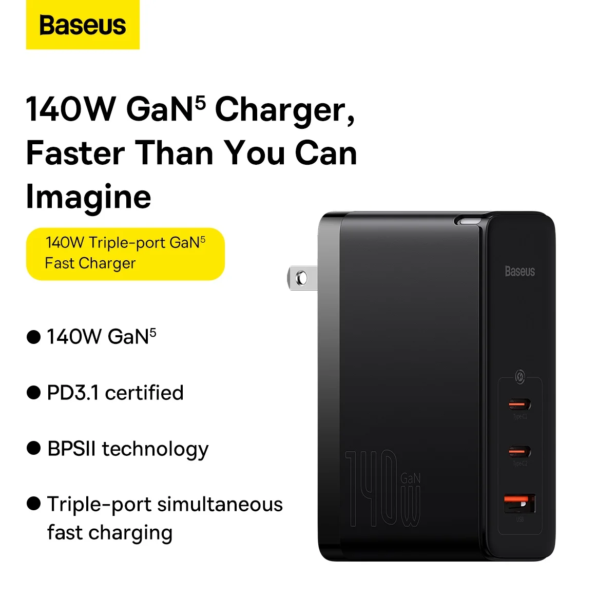 Baseus 140W GaN 5 Pro USB Type C Charger PD 3.1 QC Quick Charge USBC Fast Charging Charger For MacBook Pro iPhone 15 Samsung
