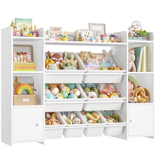 FOTOSOK 55''Large Toy Storage Organizer with 8 Toy Bins, Toy Organizers and Storage with Shelf and 6 Storage Cubbies, Bookshelf for Kids