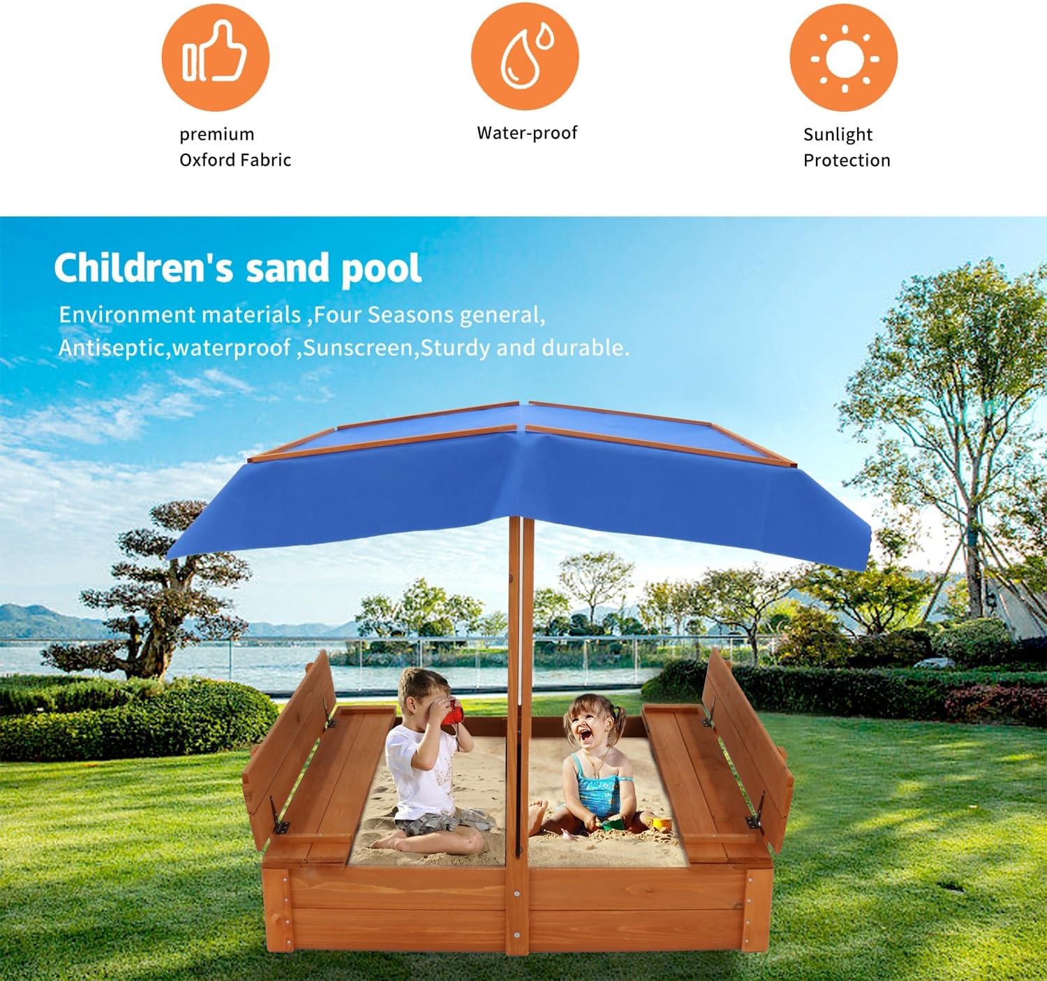 Wooden Cedar Sand Box, Large Kids Sand Boxes with Adjustable Canopy, 2 Foldable Bench Seats, Sand Protection, Bottom Liner