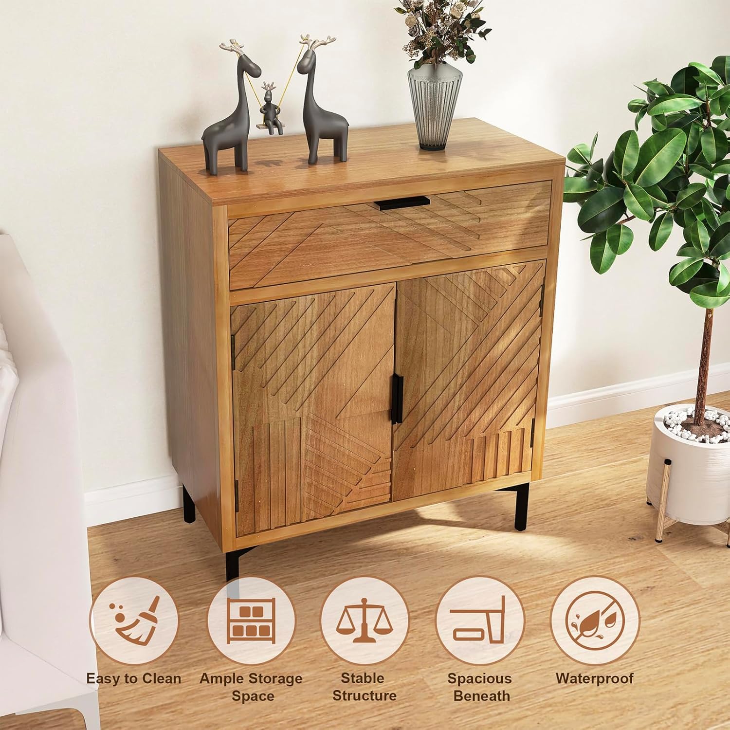 Hand-Carved Sideboard Buffet Cabinet, Storage Cabinet with 1 Drawer and 2-Doors, MDF Buffet Cabinet with Storage