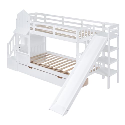 Harper & Bright Designs Twin Over Twin Bunk Bed with Stairs and Slide, Solid Wood Bunk Bed Frame with Storage Drawers and Bookshelf