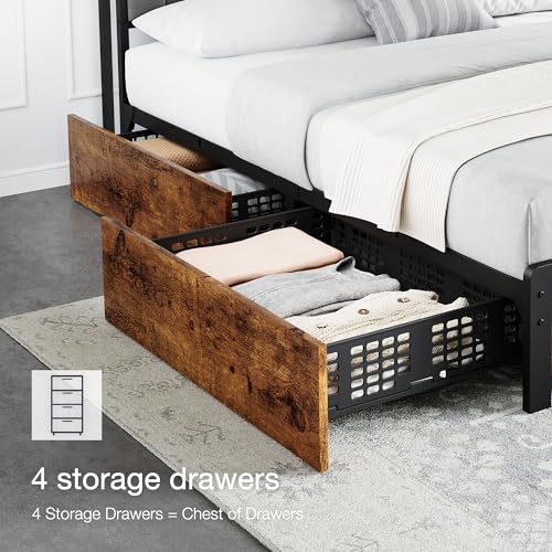 GAOMON Full Size Bed Frame with 4 Storage Drawers and Linen Upholstered Headboard, Full Platform Bed Frame with Charging Station