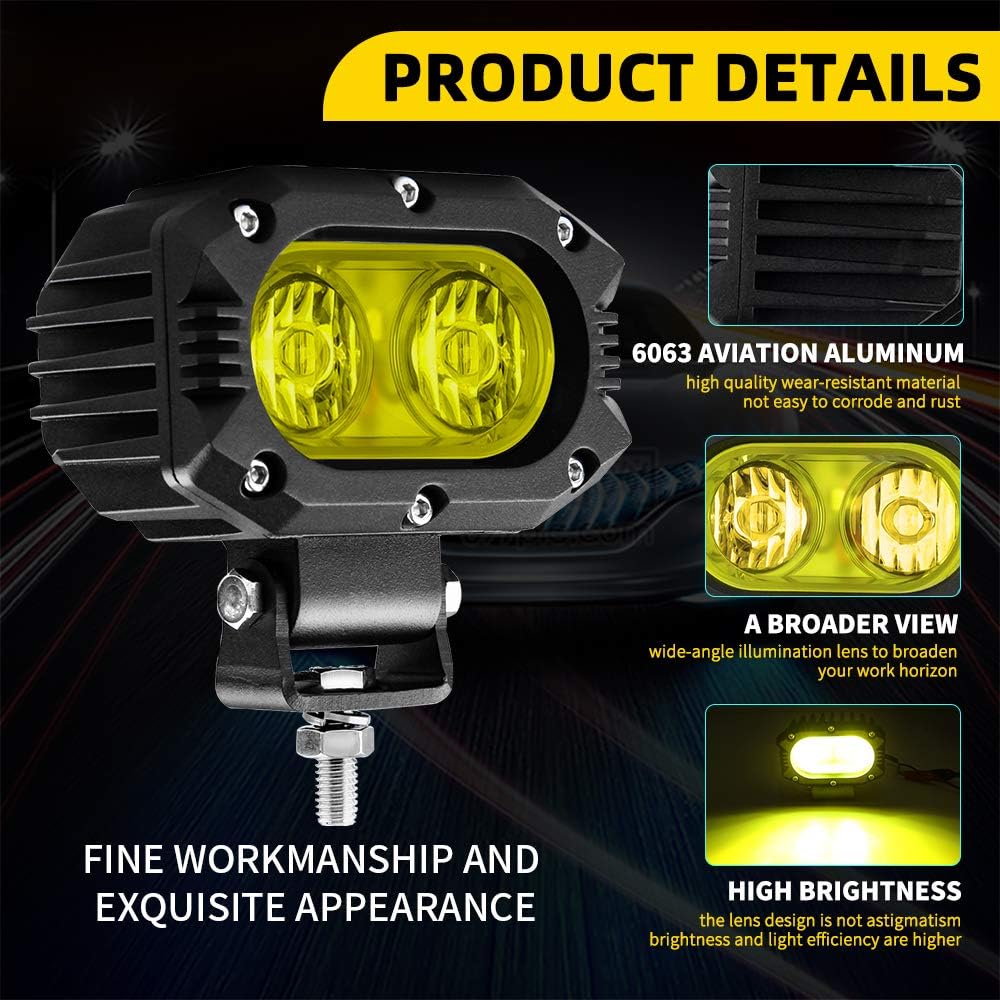 CO LIGHT LED Flood Beam Yellow Fog Lights 2PCS Driving Lights Work Light Pods Fit for Motorcycle ATV UTV SUV Car Tractor Forklift Truck Boat