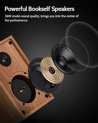 1 by ONE Bluetooth Turntable HiFi System with 36 Watt Bookshelf Speakers, Patend Designed Vinyl Record Player with Magnetic Cartridge