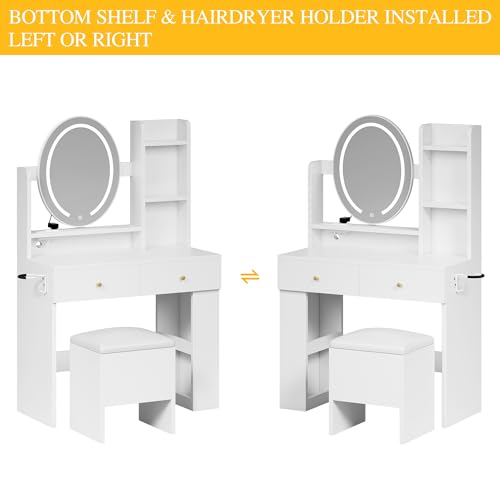 DWVO Vanity Desk with Mirror and Lights, Makeup Vanity Table Set with Power Outlets and Chair, 3 Lighting Colors
