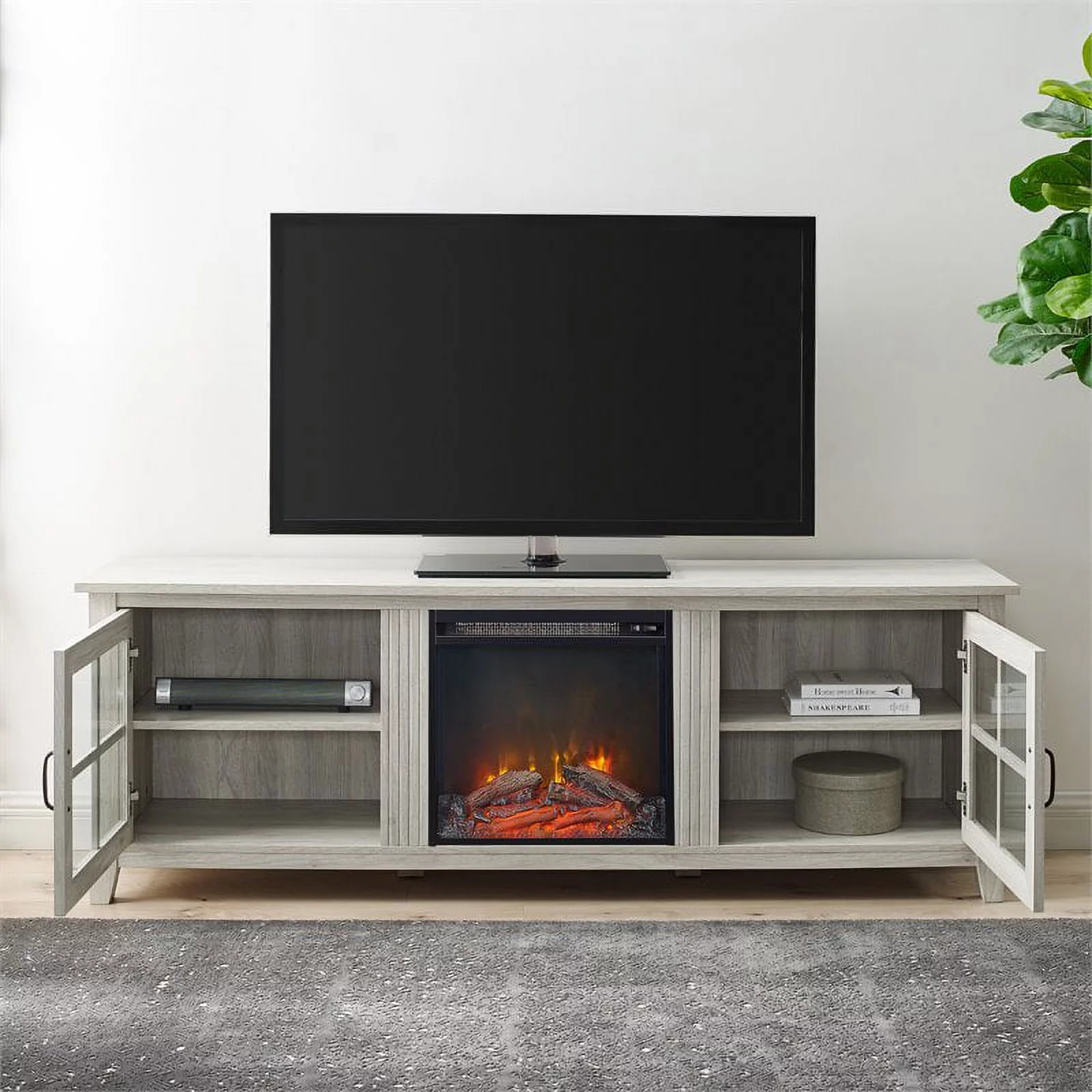 70" Glass Door TV Console with 18" Electric Fireplace Unit in Birch