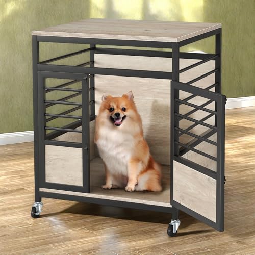 YITAHOME 39 Inch Dog Crate Furniture with Storage Shelves, Wooden Dog Crate for Large Dogs with Power Outlets