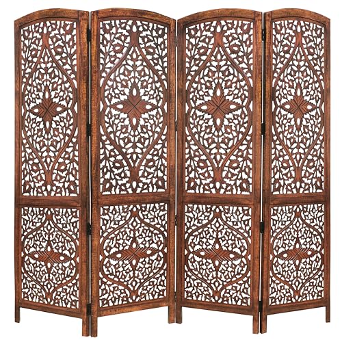Room Divider Wood Screen - Ghanti Bells Antique Brown - 4 Panel Folding 72 x 80