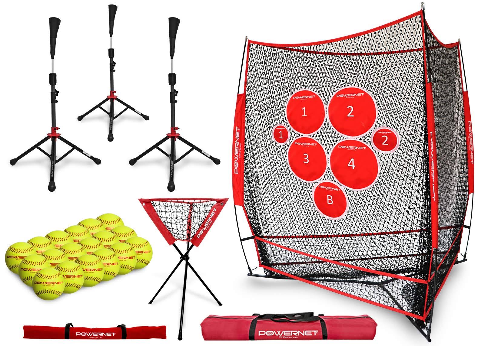 Powernet Triple Threat Baseball Softball Training Net + 3 Deluxe Batting Tees + Ball Caddy + Pitch Perfect Targets + 18 PK Pract
