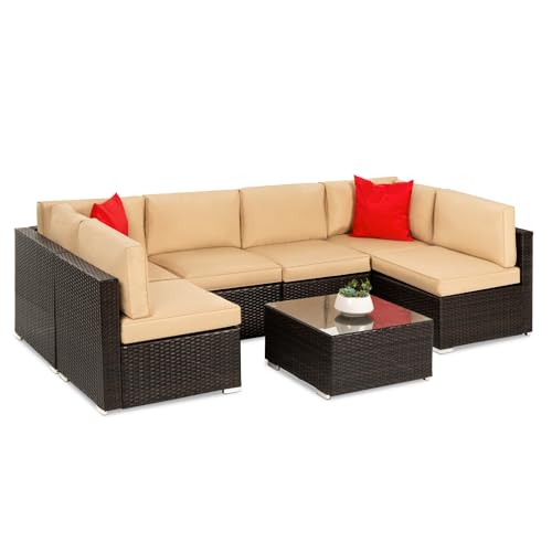 Best Choice Products 7-Piece Modular Outdoor Sectional Wicker Patio Conversation Set w/ 2 Pillows, Coffee Table, Cover Included - Gray/Navy