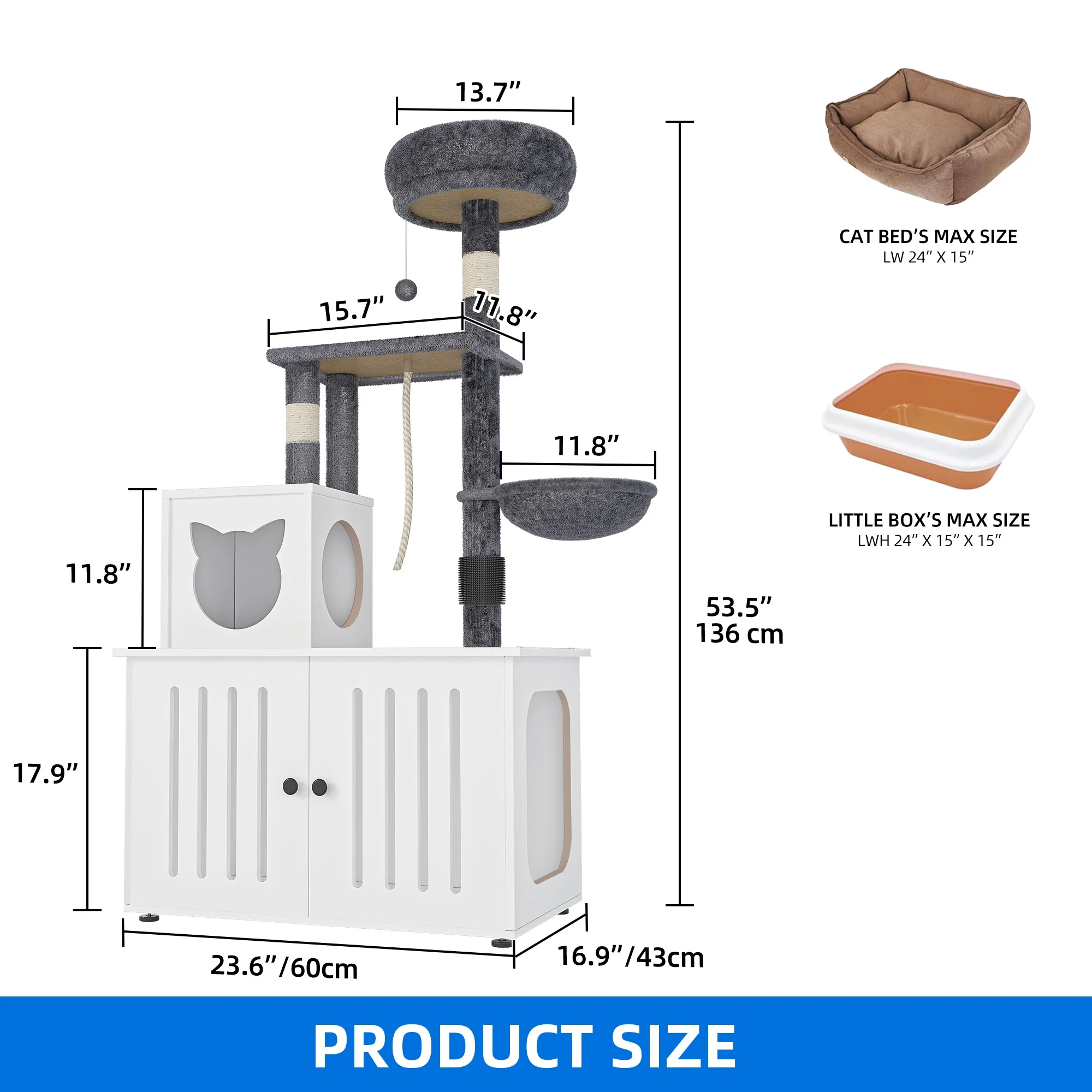 Dextrus 2-in-1 Cat Tree with Litter Box Enclosure,53.5" Large Modern Cat Condo with Scratching Posts, Perch, Food Station, Hammocks
