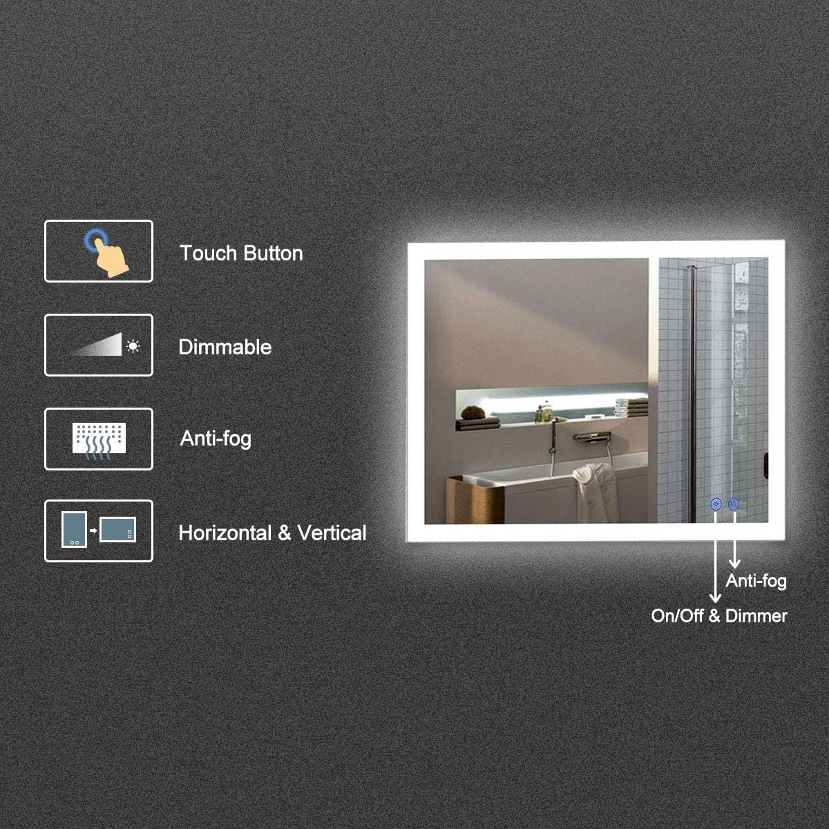 Dimmable LED Bathroom Mirror with Anti-Fog Function, 36x28 in Vertical & Horizontal Mount Illuminated Mirror with Touch Button, CRI>90