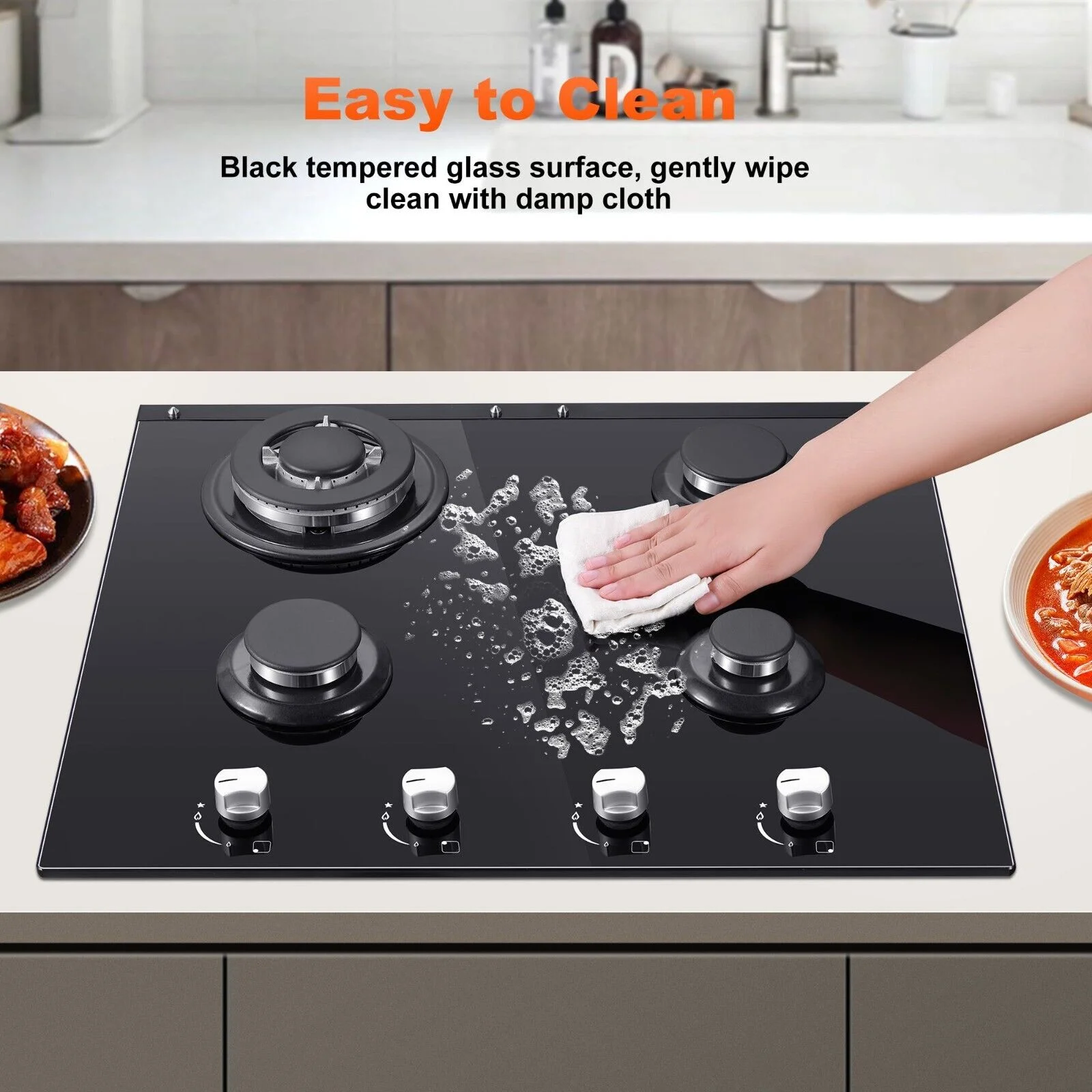 24 inch Built-in Gas Cooktop 4 Burners with Tempered Glass Dual Burners NG/LPG Convertible Countertop