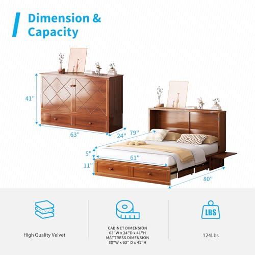 Mjkone Queen Murphy Bed Cabinet with Tri-Folding Mattress