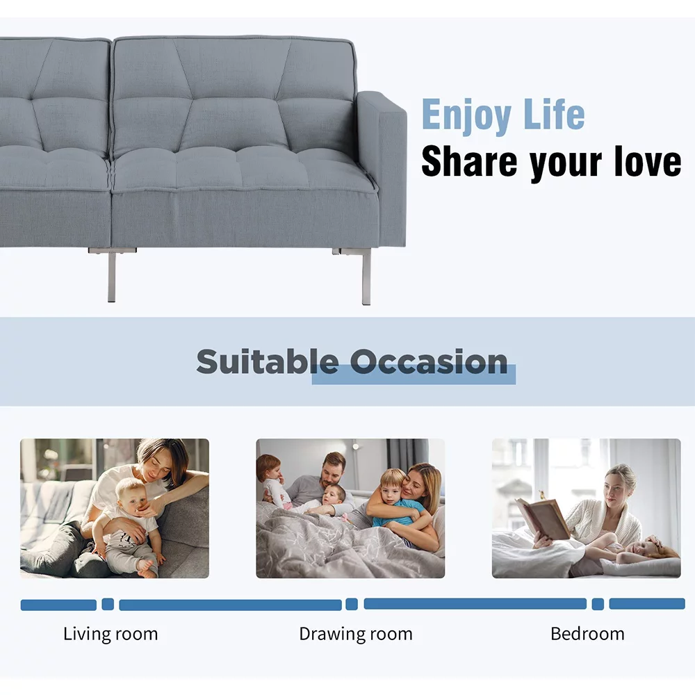 Gray Futon Sofa Bed, Convertible Folding Sofa Bed, Modern Upholstered Sleeper Sofa Bed with 2 Pillows and Metal Legs