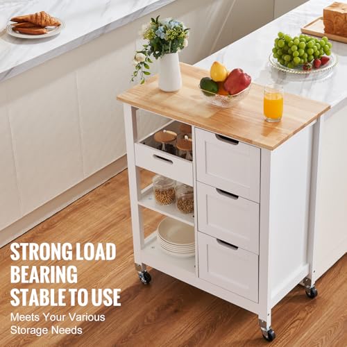 VEVOR Kitchen Island Cart, 26 inch Wood Top Mobile Breakfast Bar, Rolling Kitchen Table with 3 Drawers and Shelves, Portable Islands on Wheels