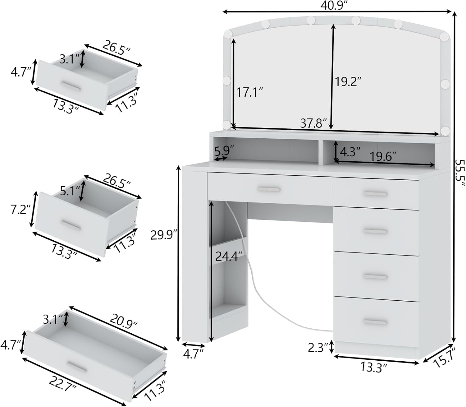 Vanity Desk with Large Mirror,Vanity Dresser with 10 Lights in 3 Lighting Colors,Makeup Vanity with 5 drawers and Power Outlet