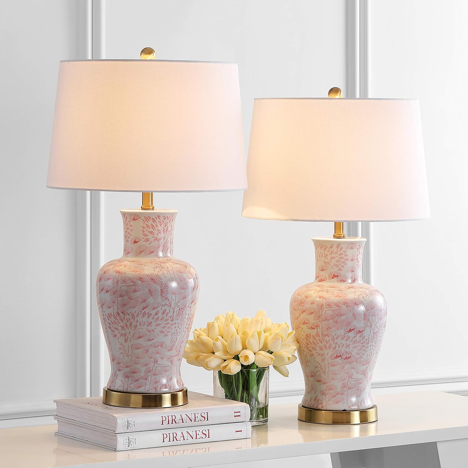 SAFAVIEH Lighting Collection Calli Pink/ White Chinoiserie 28-inch Bedroom Living Room Home Office Desk Nightstand Table Lamp Set of 2 (LED Bulbs
