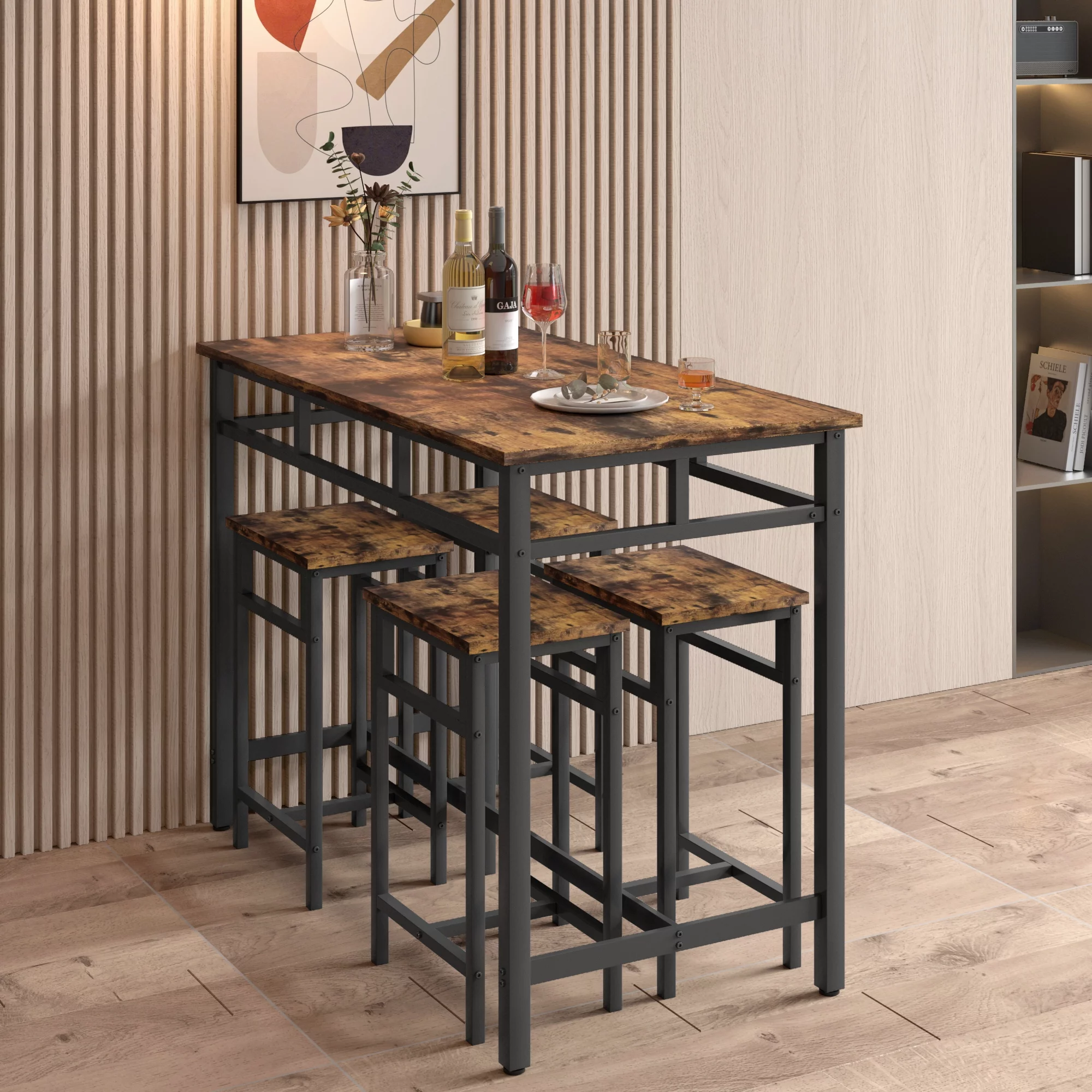 Kitchen Dining Table Set, 5-Piece Dining Table and Stools, Metal Frame Dining Room Set for 4, Modern Small Spaces Dining Furniture Set, Rustic Brown